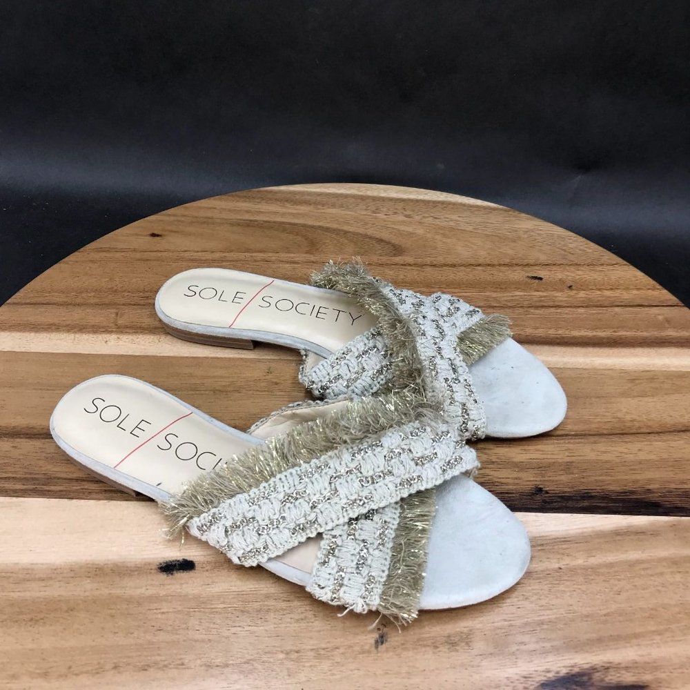 Sole Society Beige Boho Fringe Slides Sandals Slip On Womens Size 6 B